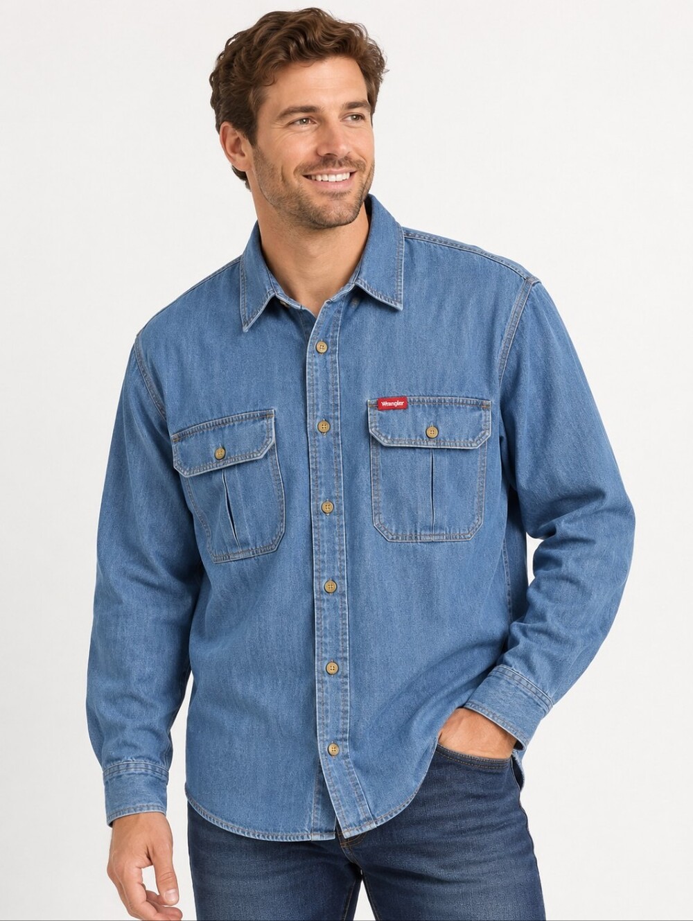 Wrangler Men’s Relaxed Fit Midwash Denim Woven Shirt Size Large